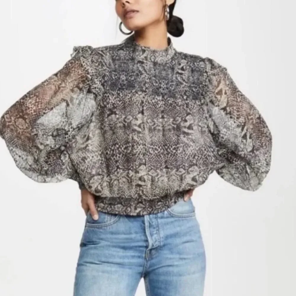 Free People Roma Blouse Smocked Ruffle Snake Print Black Gray